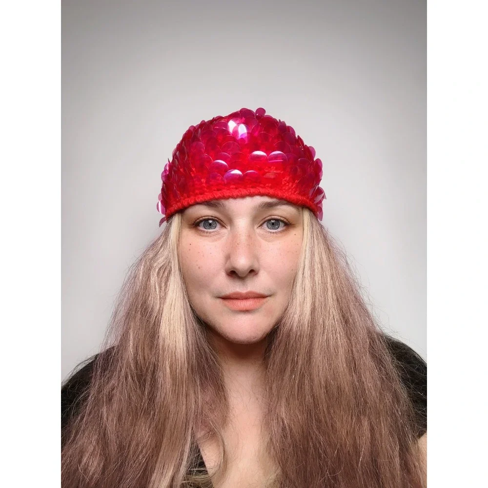 Vintage 1960s Red Wool Knit MOD Hat Large Pink Sequins Futuristic Made in Italy